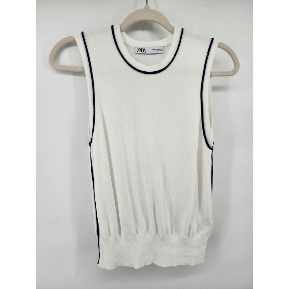 Zara White Sleeveless Knit Top Navy Blue Contrast Trim Crew Neck Size Medium